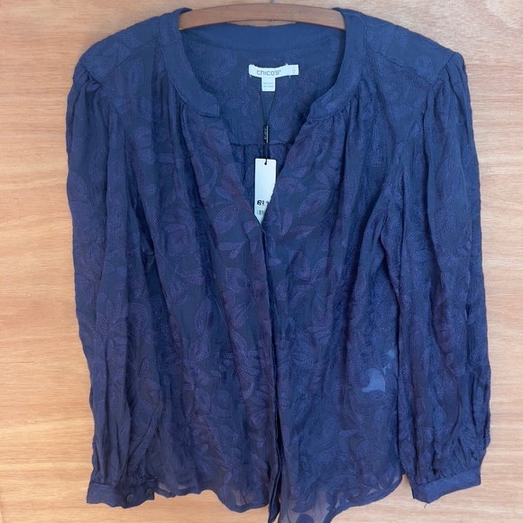 NWT Chico's embroidered button blouse sz 1 US 8 medieval blue puff sleeve sheer - Picture 2 of 8